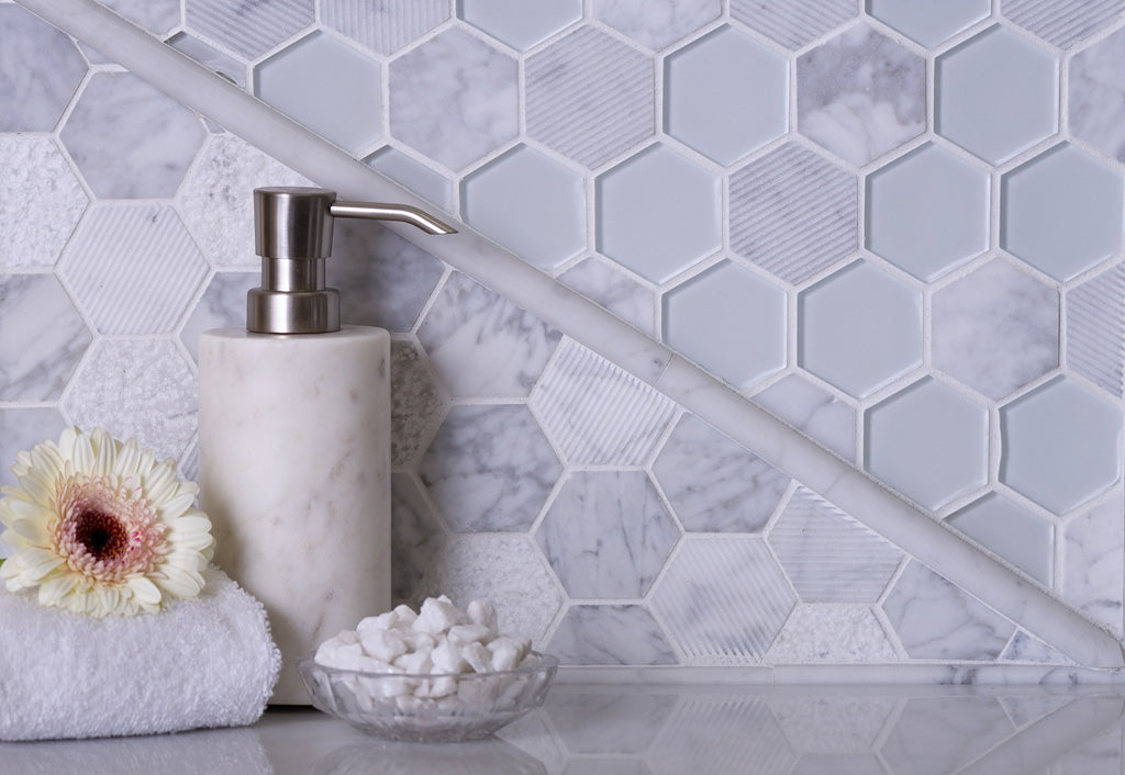 White Ceramic And Pearl Glass Hexagon Mosaic Tile